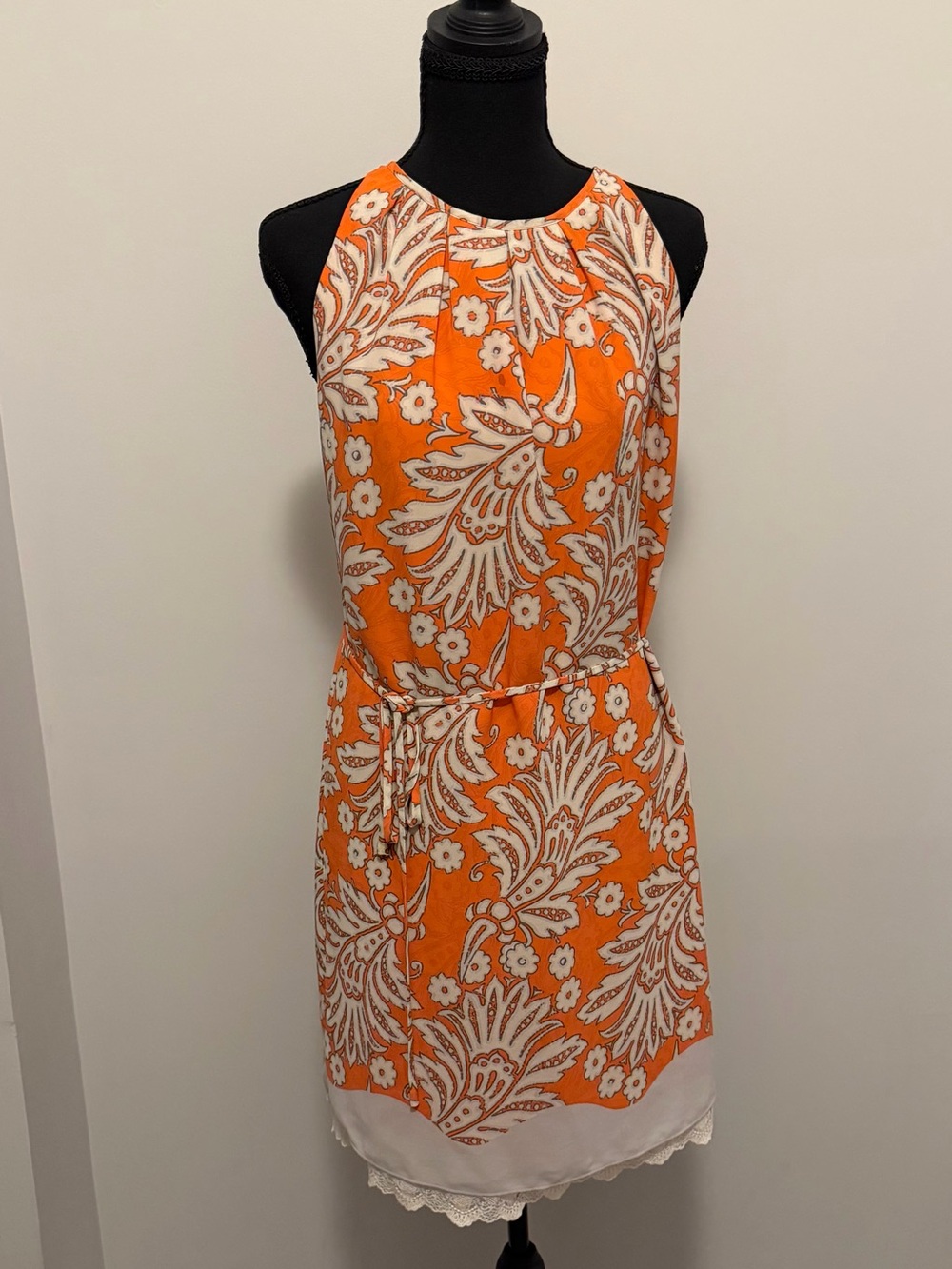 LOFT Orange Floral Halter-Style Mini Dress with White Trim